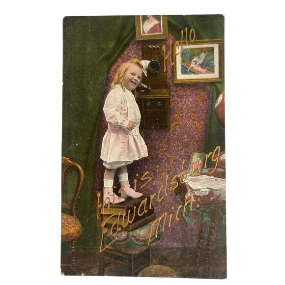 Atq WWI Era Postcard 1916-18 Ephemera Little Girl Talking On Wall Phone Litho - Picture 2 of 5